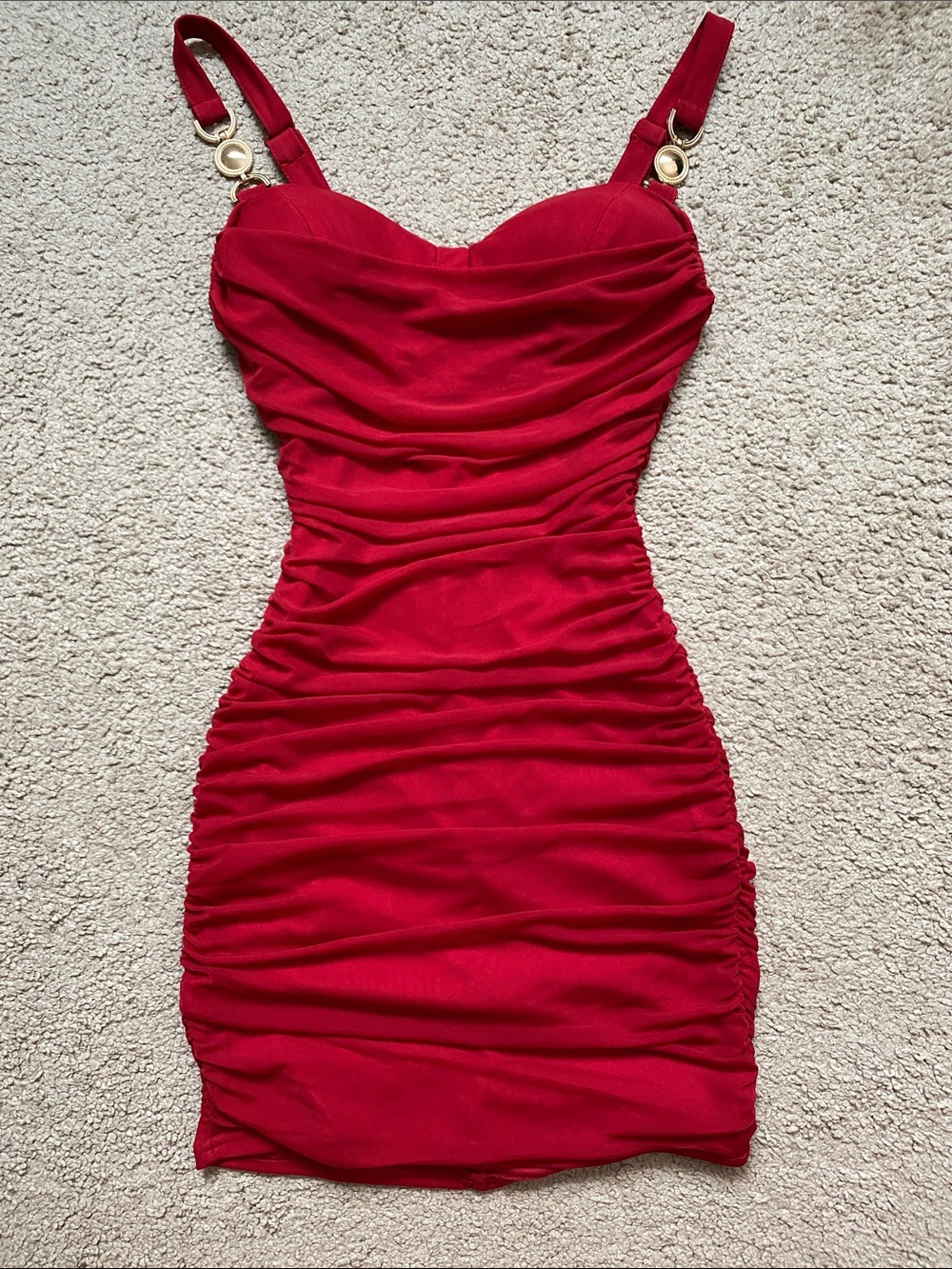Windsor Scarlet Ruched Bodycon Mini Dress with Gold Rings